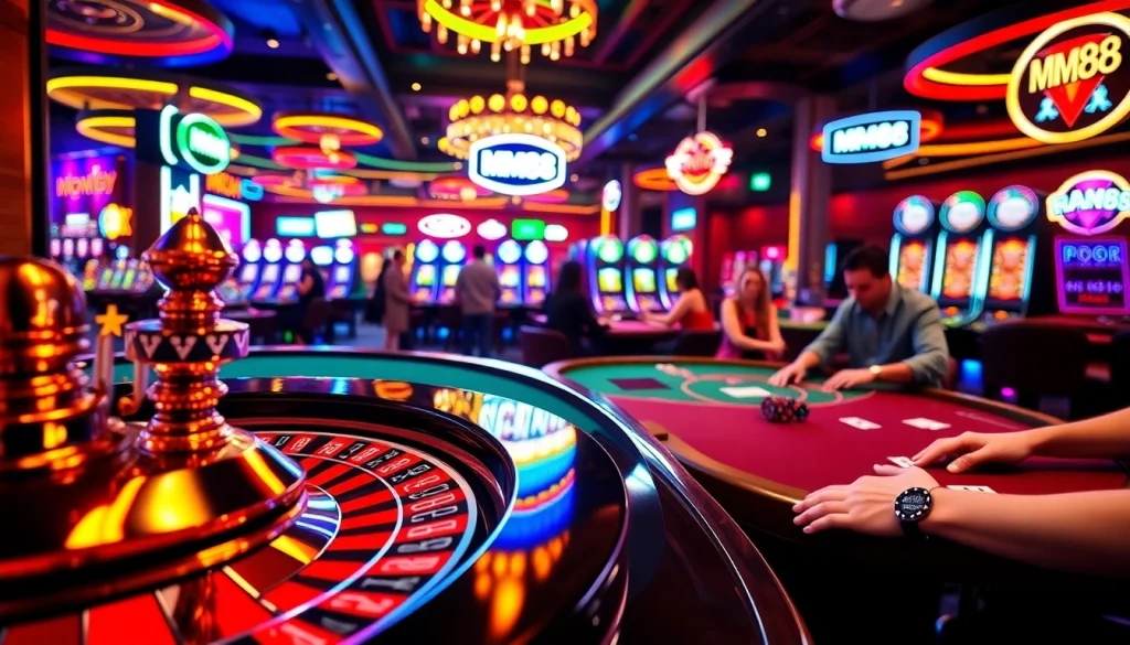 MM88 casino parties with vibrant table games, poker chips, and a roulette wheel.