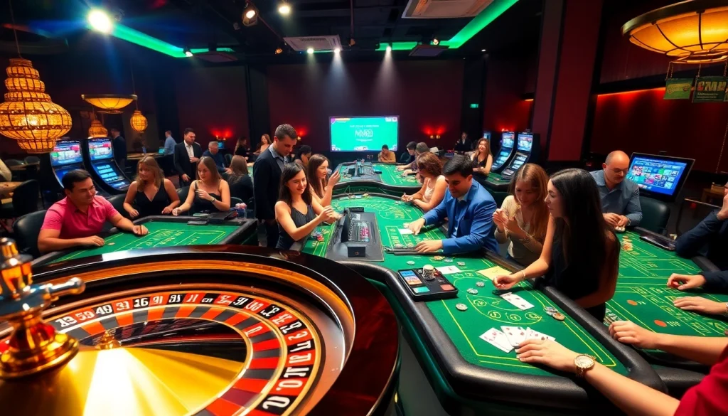 Experience the excitement of MM88 at a lively casino with roulette, poker, and vibrant players.