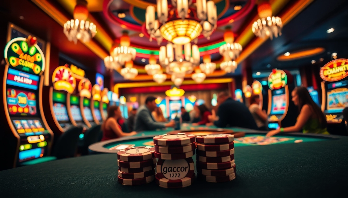 Experience high-stakes play in a vibrant casino with gacor123 poker chips on the table.